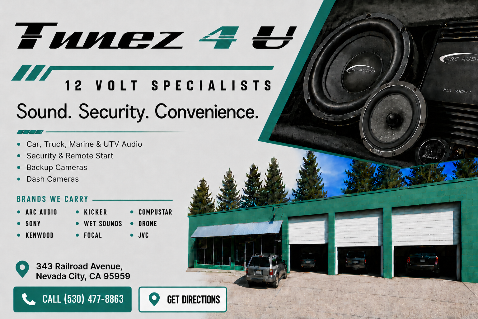 Tunez 4 U, 12 Volt Specialists. Sound, Security, Convenience. 343 Railroad Avenue, Nevada City, California.